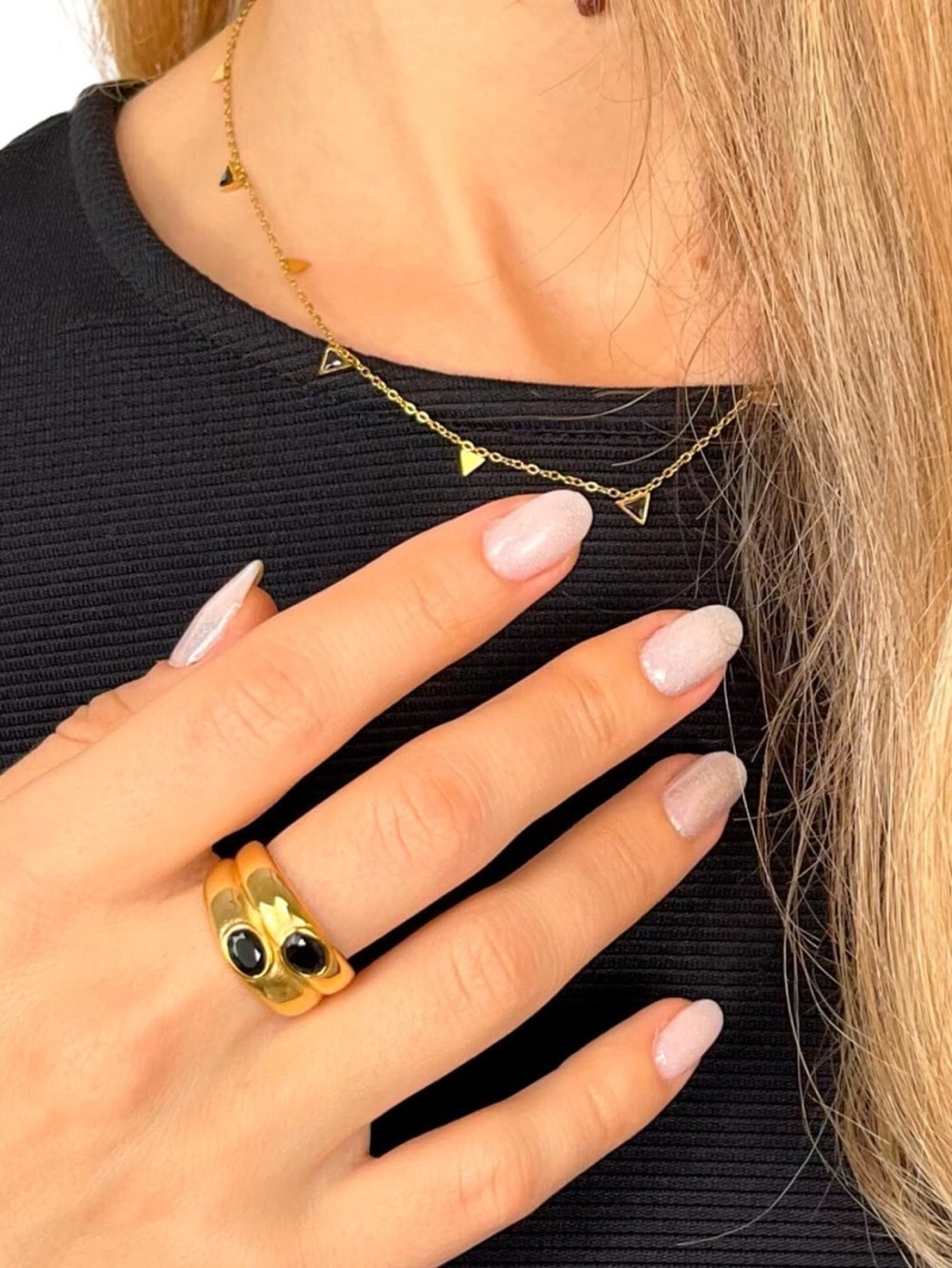 Gold Plated Double Black Onyx Asymmetrical Geometric Ring
